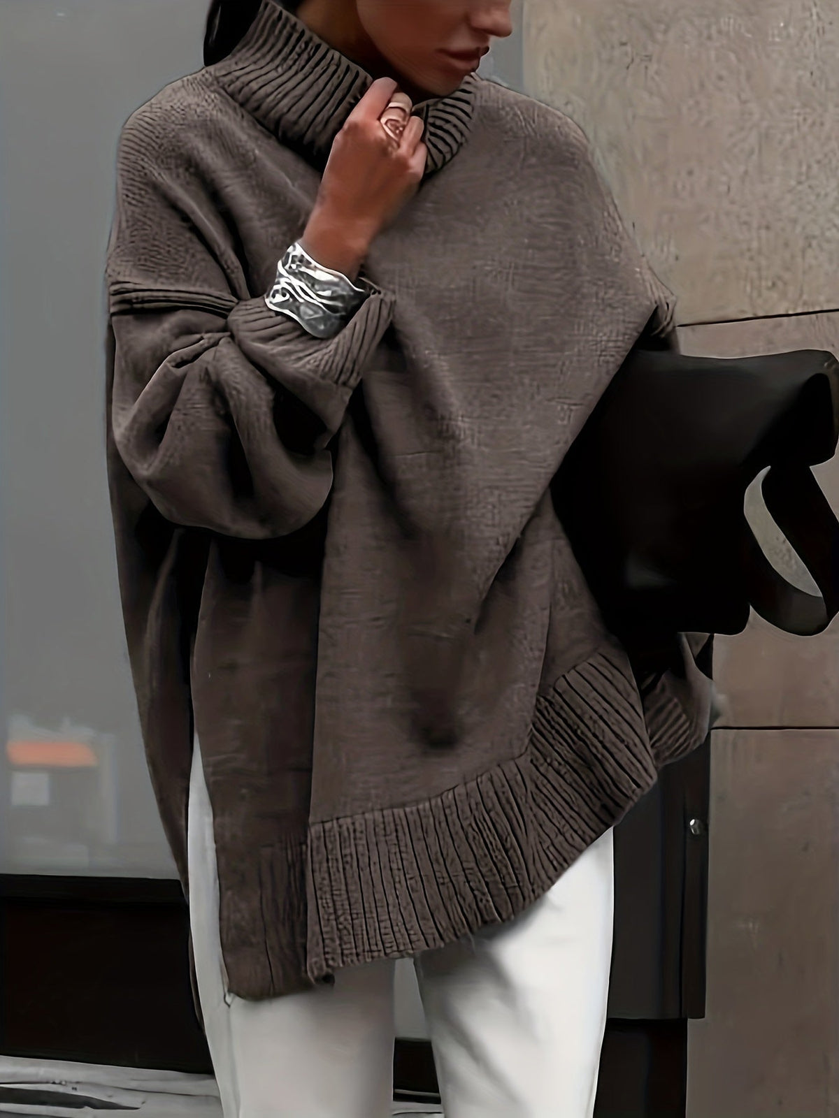 Claar oversized turtleneck sweater in dark brown, front view