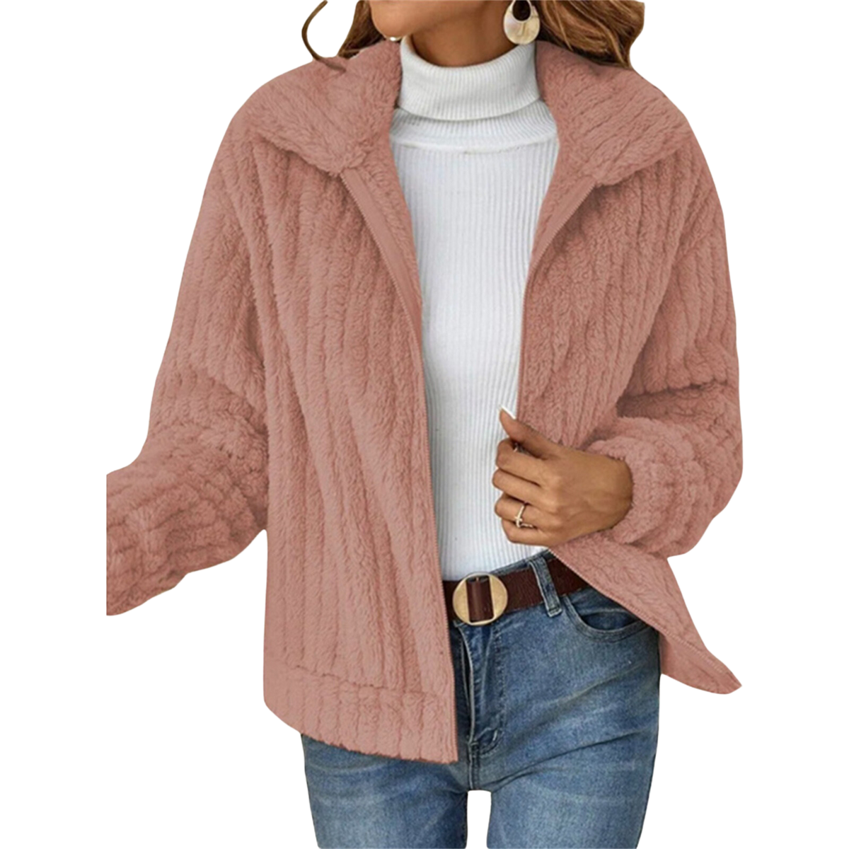 Sybil fleece winter jacket in pink, front view worn open