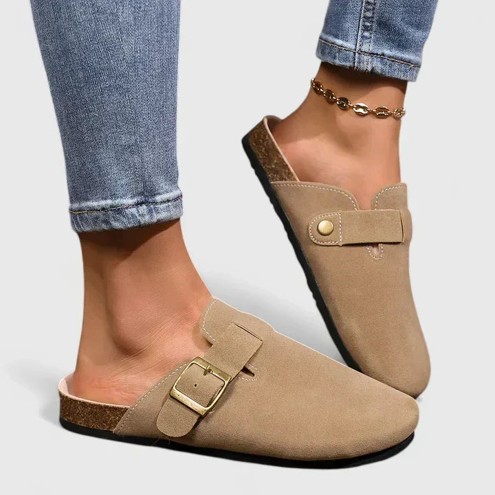 Katrien mocha loafers worn, close view of cork-edged footbed