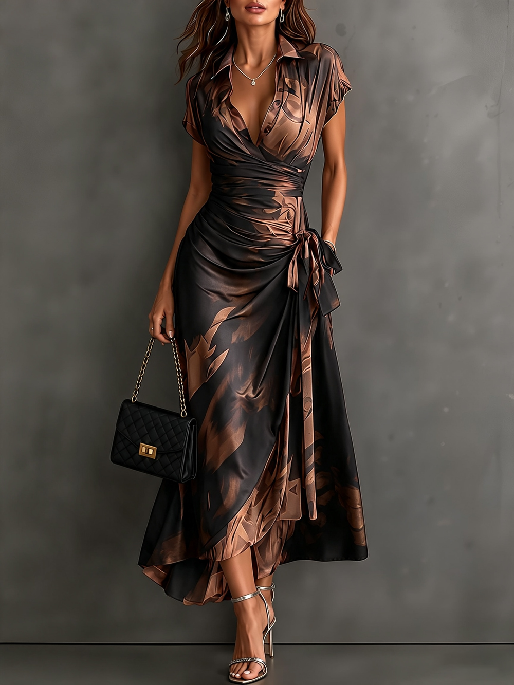 Francesca brown abstract print midi wrap dress, full-length front view