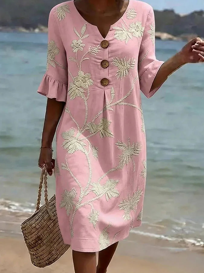 Casual floral print dress in pink with cream leaf print, full-length front view