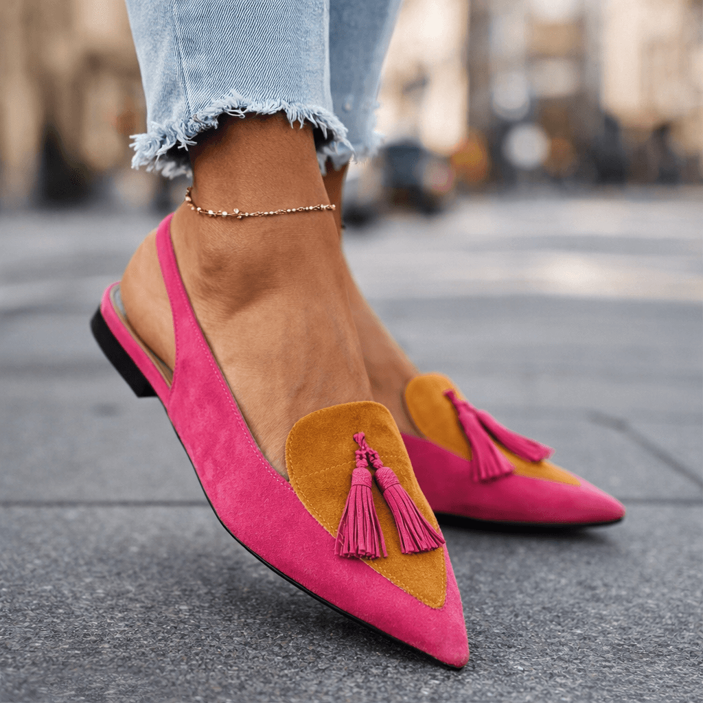 Arabella tassel loafers in pink and mustard, side view with cropped jeans