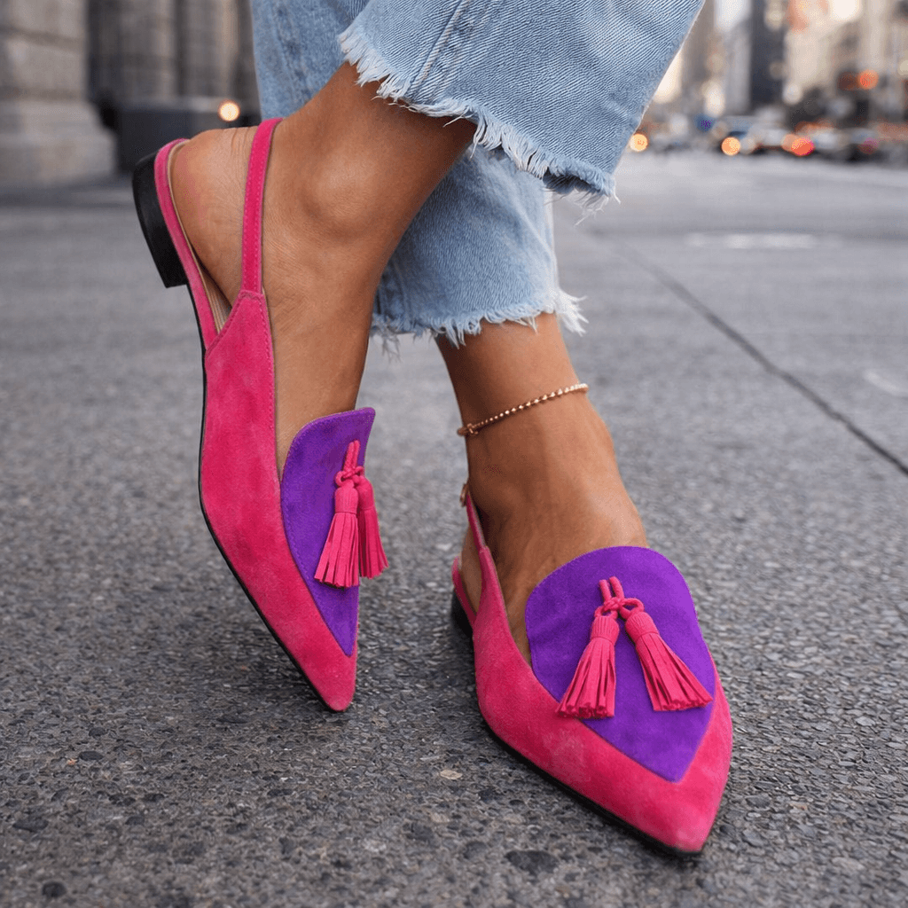 Arabella tassel loafers in pink and purple, angled front view