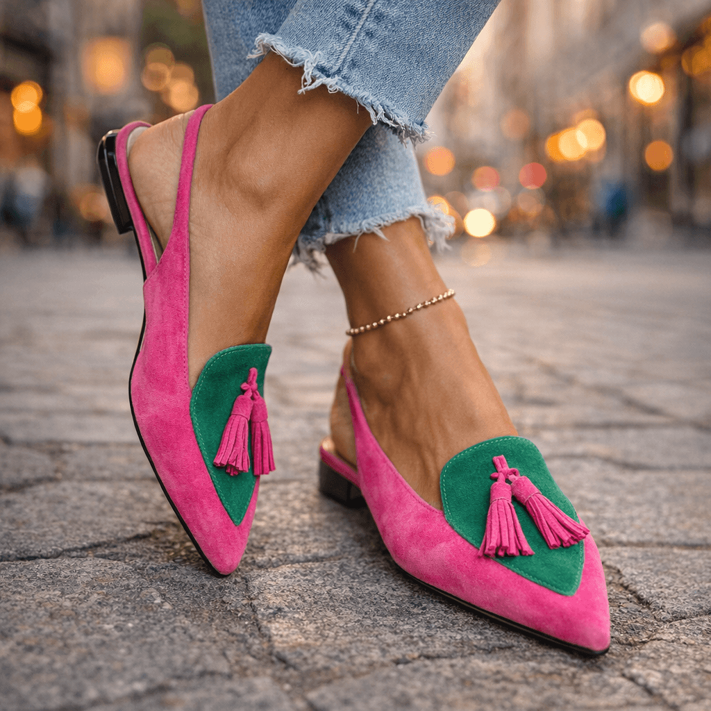 Arabella tassel loafers in pink and green, front view with jeans