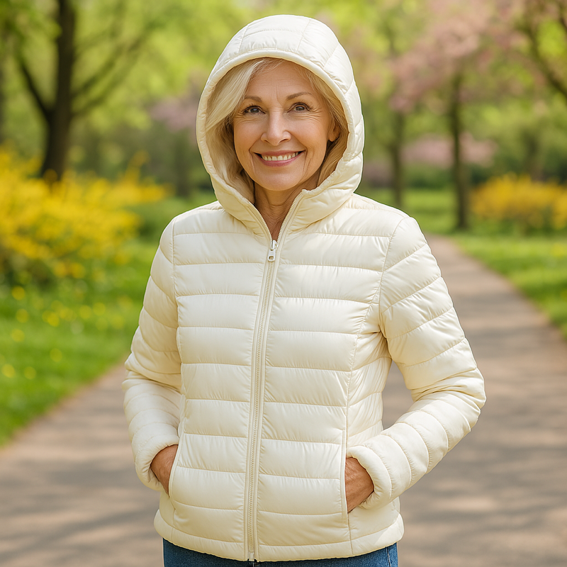 Metta padded jacket in cream white, hood up, front view outdoors