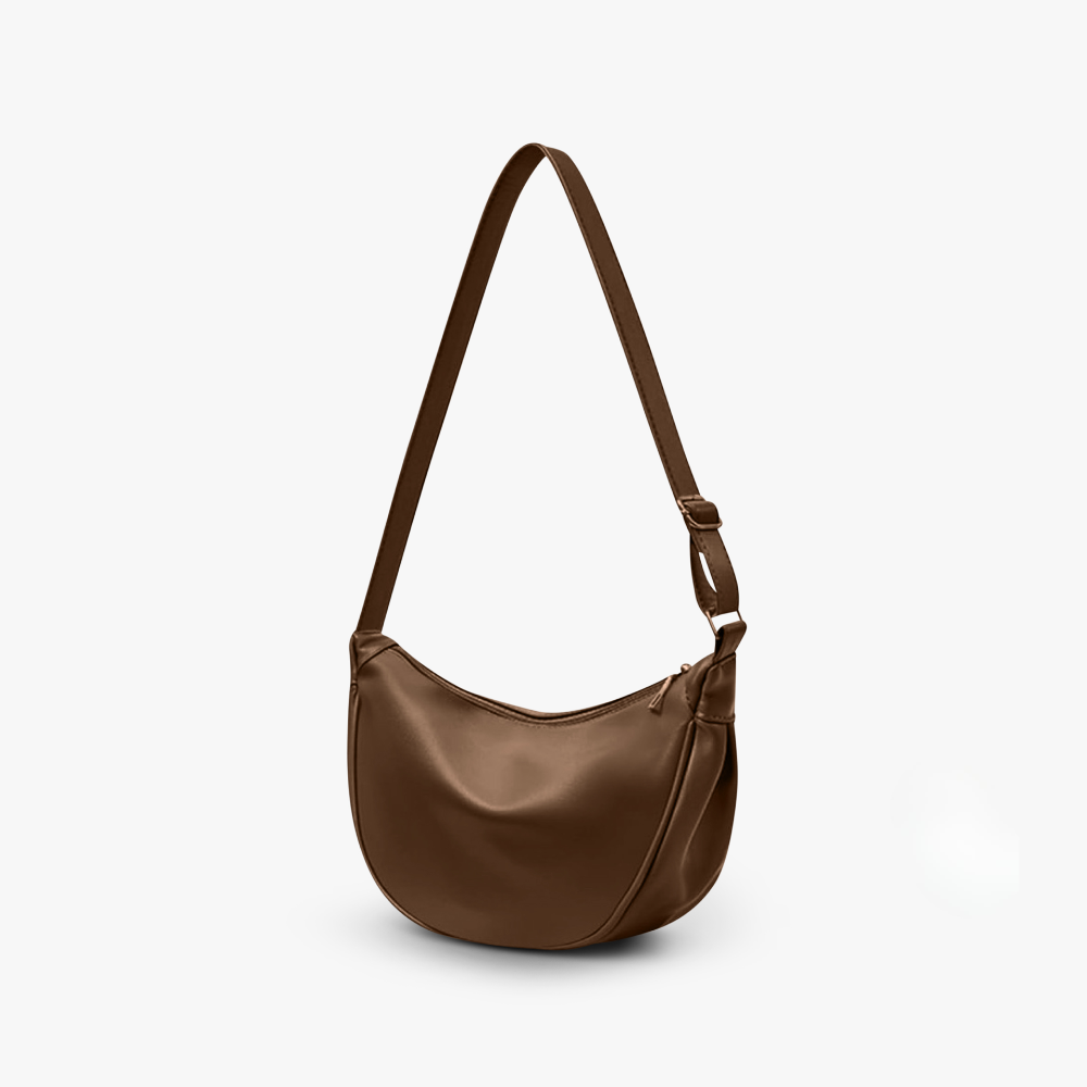 Maribel petite crescent bag in coffee brown, front view with strap