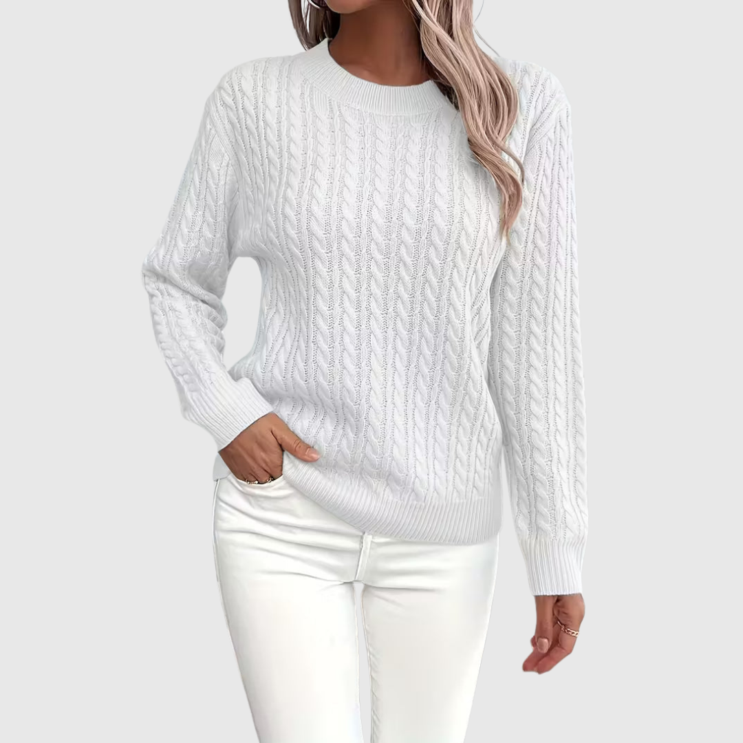 Isla cable-knit sweater in white, front view on model