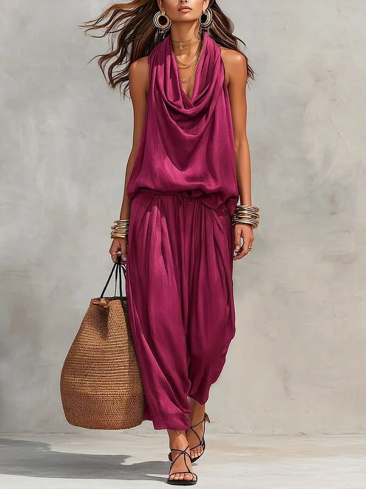 Demetria draped two-piece set in fuchsia, front view