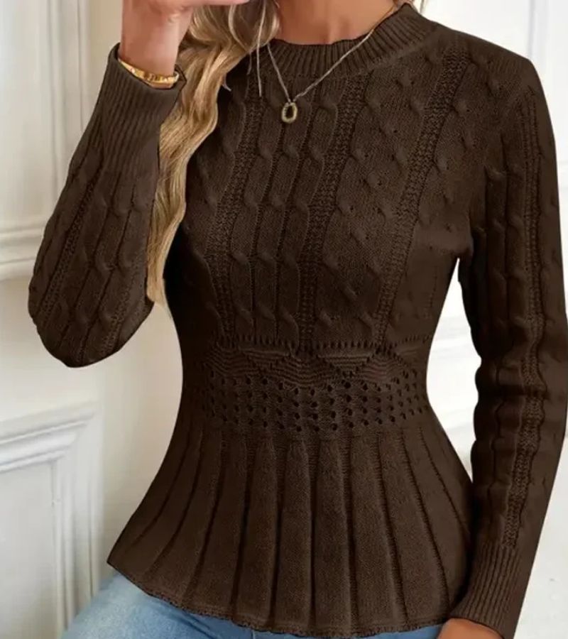 Seyla cable knit peplum sweater in coffee brown, front view