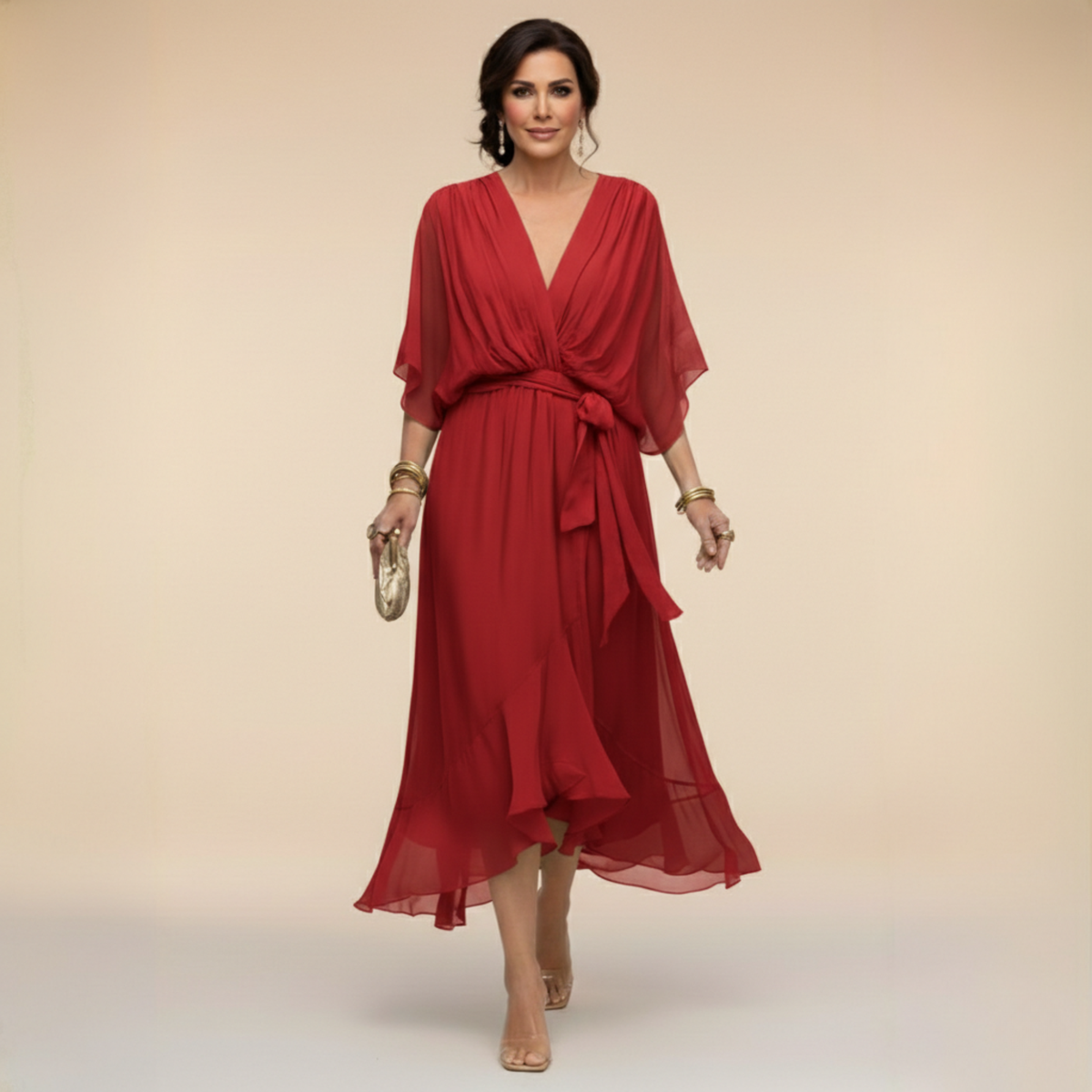 Monica wrap midi dress in red, full-length front view