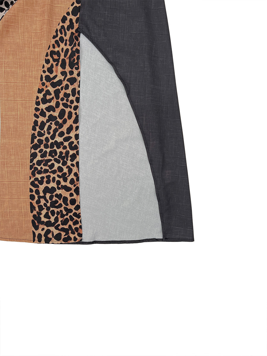 Close-up of Myrna dress leopard panels and side slit hem