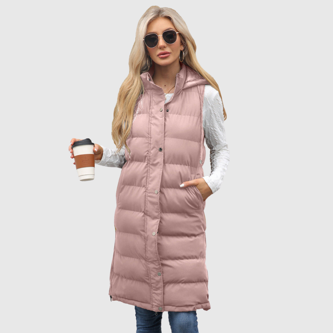 Lifia longline hooded vest in pink, front view worn with jeans