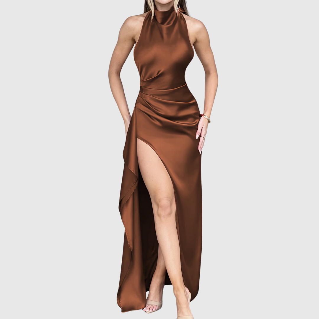 Tahlia satin evening dress in brown, full-length front view