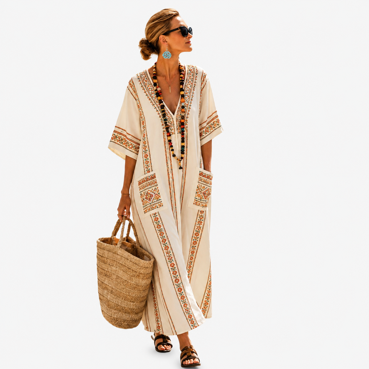 Long kaftan in cream with khaki stripe border print, full-length front view