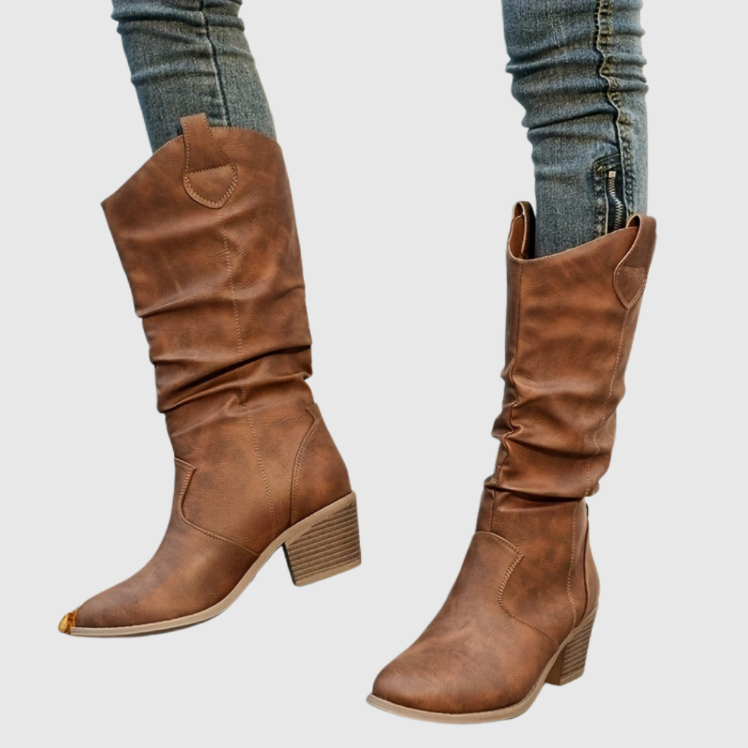 Hattie Western boots in light brown, slouchy mid-calf front view