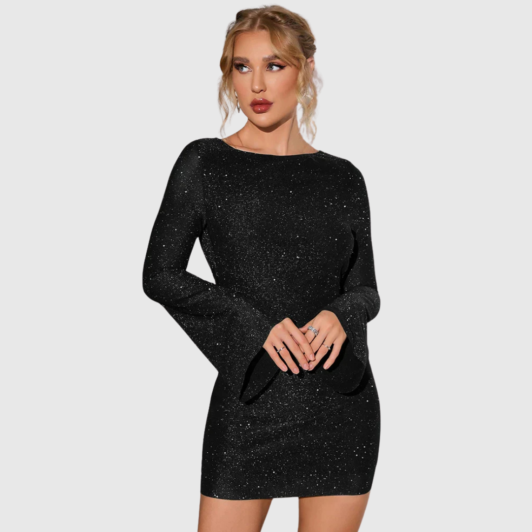 Isadora shimmering mini dress in black, front view with bell sleeves