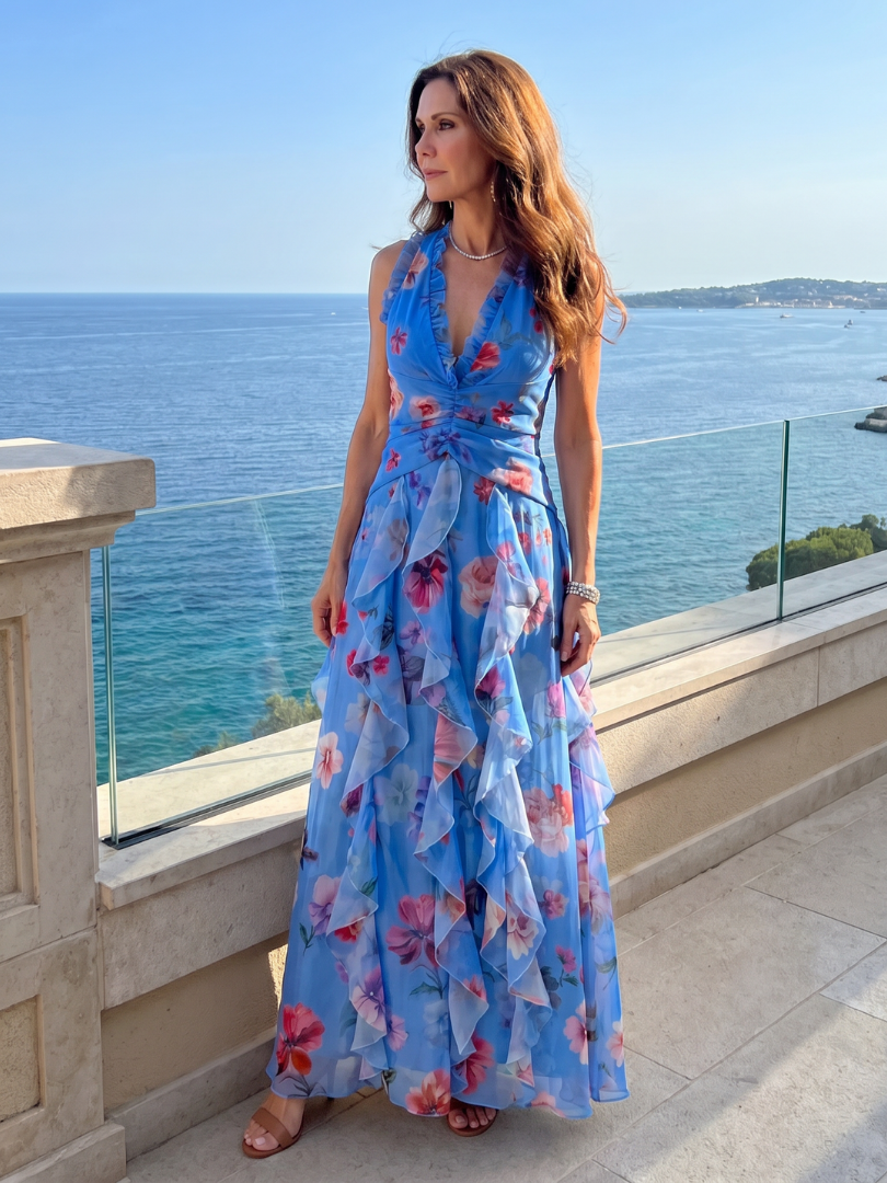 Nori floral maxi dress in blue, full-length view by the sea