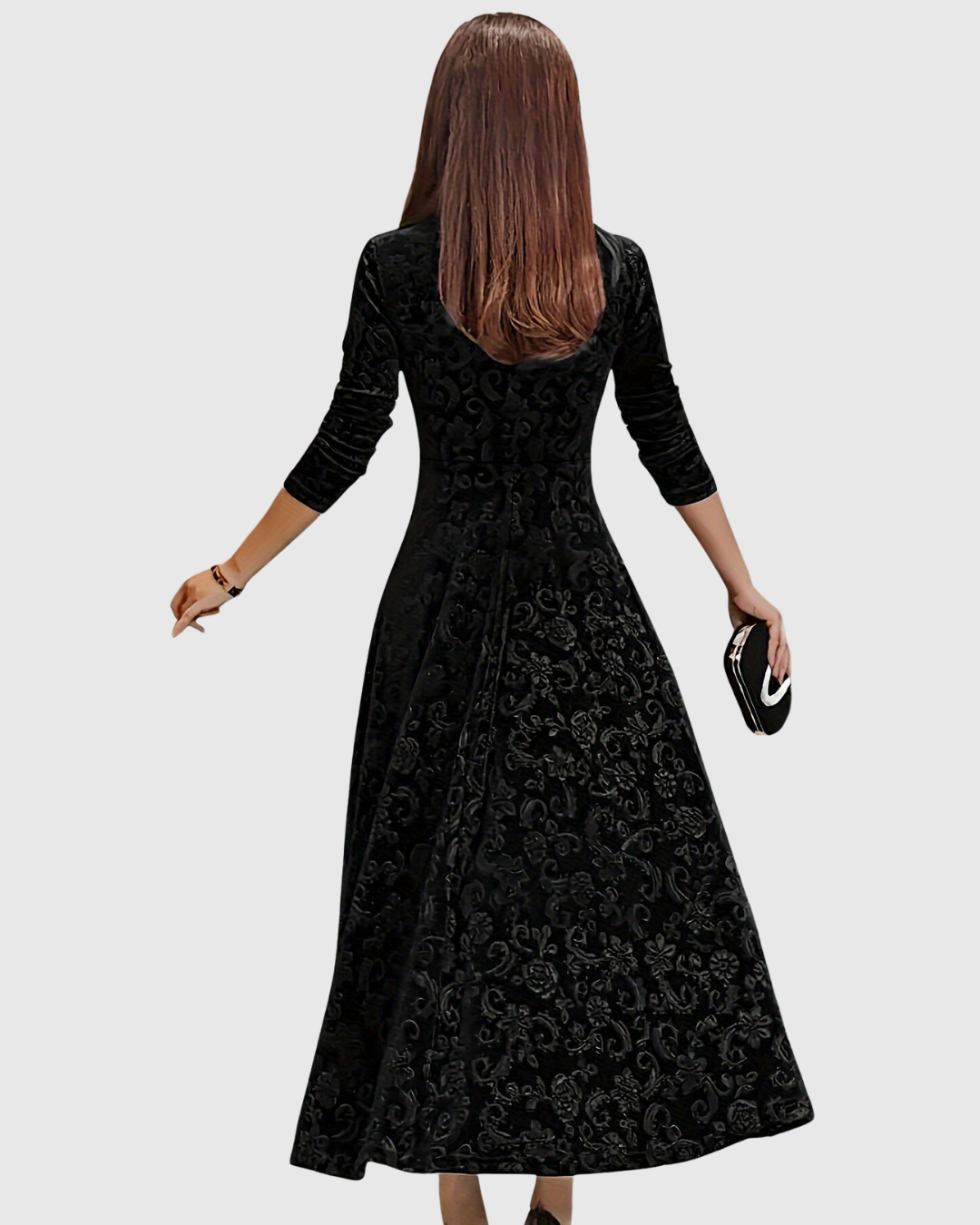 Vespera floral velvet midi dress in black, back view