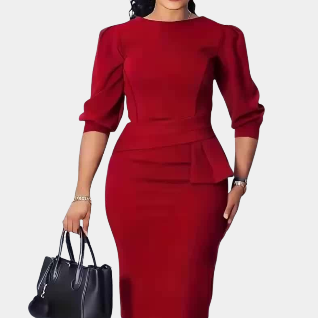 Claudine Bloom refined ruffle midi dress in red, full-length front view