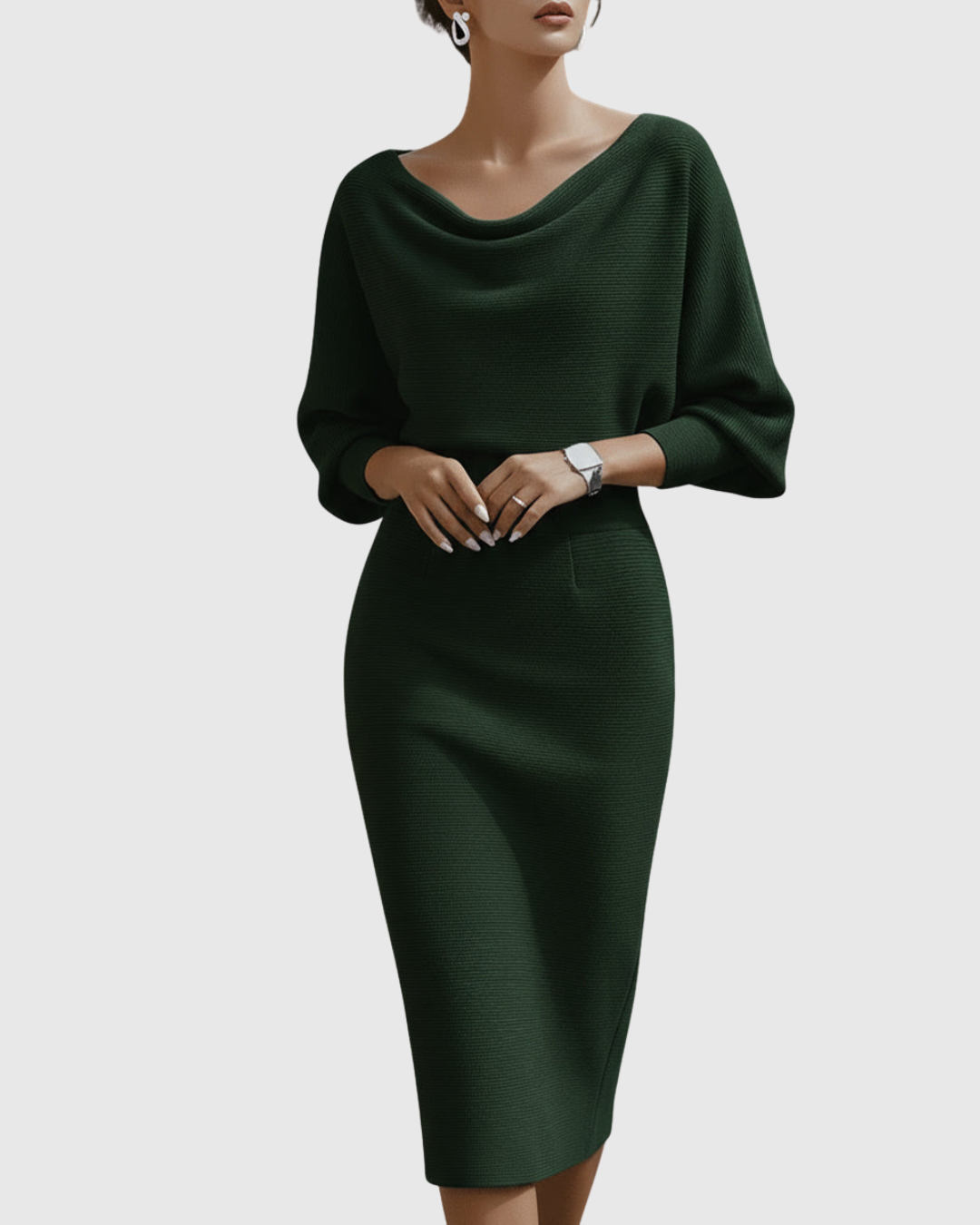 Isméria draped batwing midi dress in dark green, front view