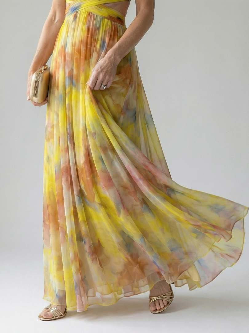 Isel maxi dress skirt detail in yellow, flowing hemline