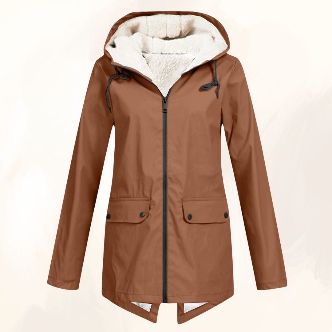 Evelynne winter fur jacket in brown, front view with popper pockets