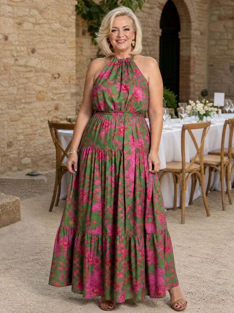 Rowen floral halter dress worn at an outdoor celebration setting