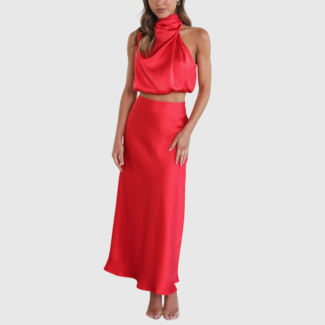 Emily drape maxi set in red satin, full-length front view