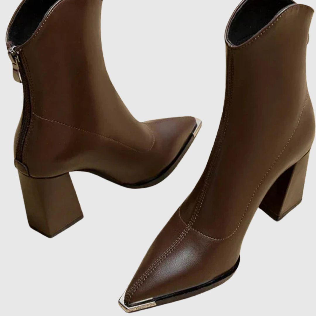 Brown pointed ankle boot heels with block heel, close side view
