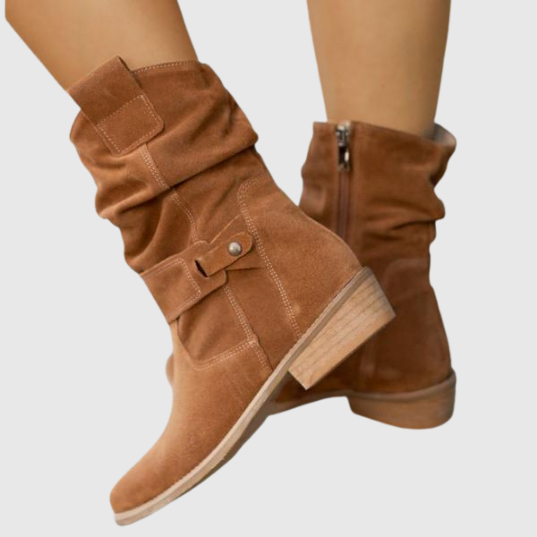 Corissa slouchy suede boots in light brown, side view with strap detail