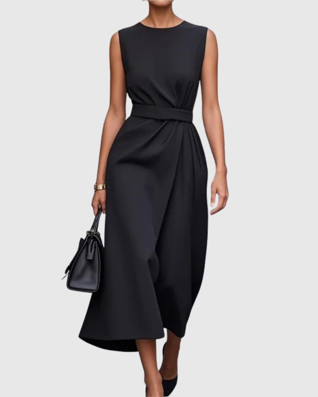 Clarimond round neck dress in black, full-length front view