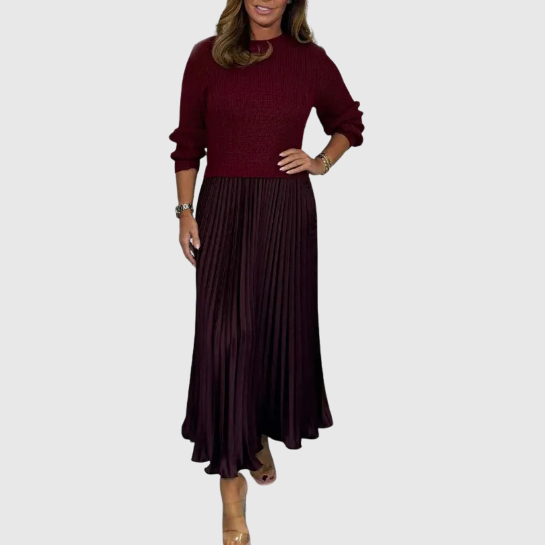 Alarice sweater and pleated skirt set in burgundy, full-length front view