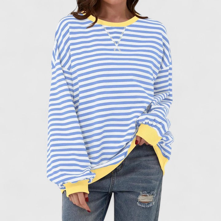 Olwyn everyday striped sweater in light blue with yellow trim, front view