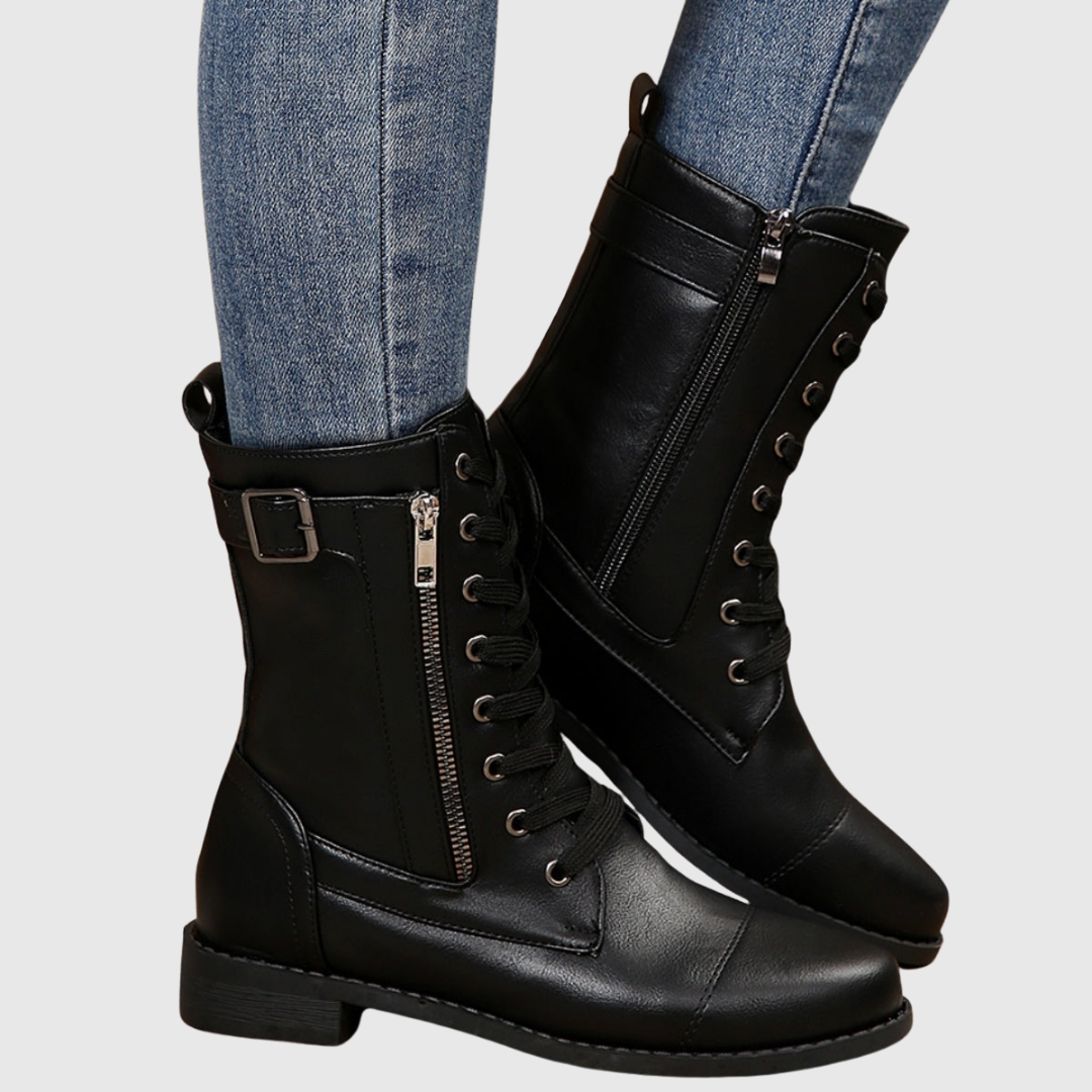 Carmine side-zip lace-up boots in black, worn with jeans