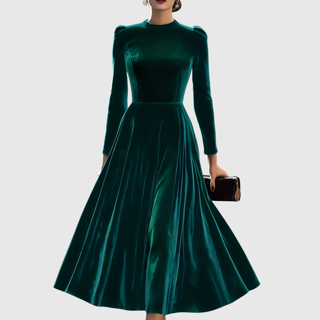 Soopie velvet dress in dark green, full-length front view