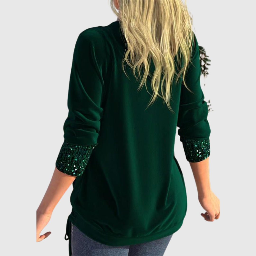 Odeline sequin layer blouse in green, back view