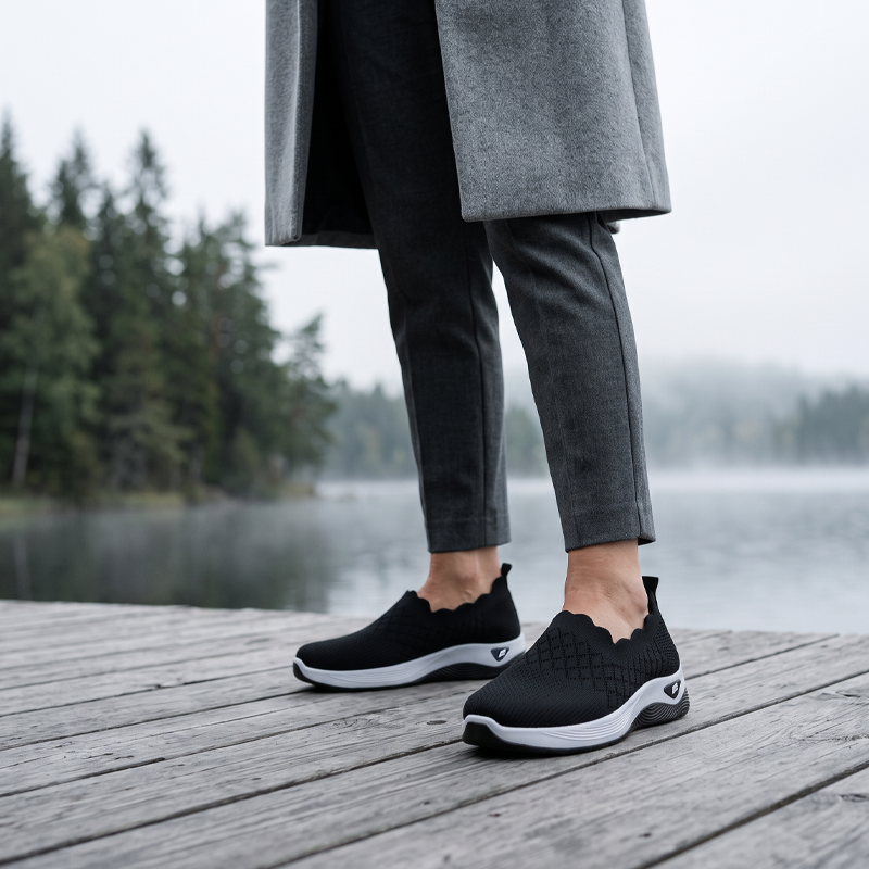 Ruth slip-on walking shoes in black, worn on a lakeside jetty