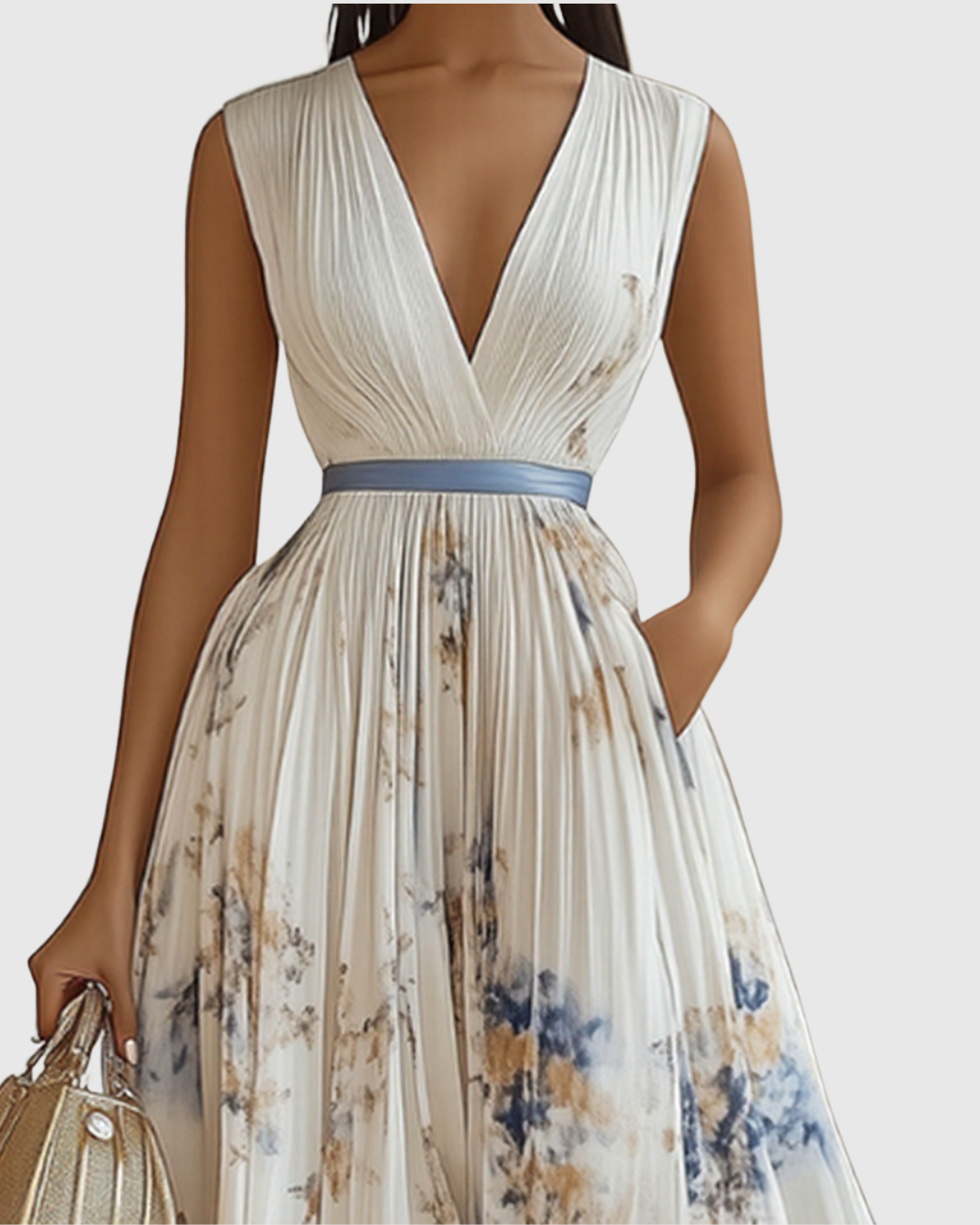 Rowella pleated maxi dress in white, close-up of V-neckline and ribbon waist