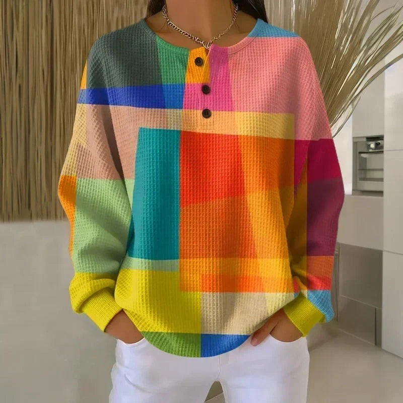 Consuelo textured jumper in multicolour colour-block, front view worn by model
