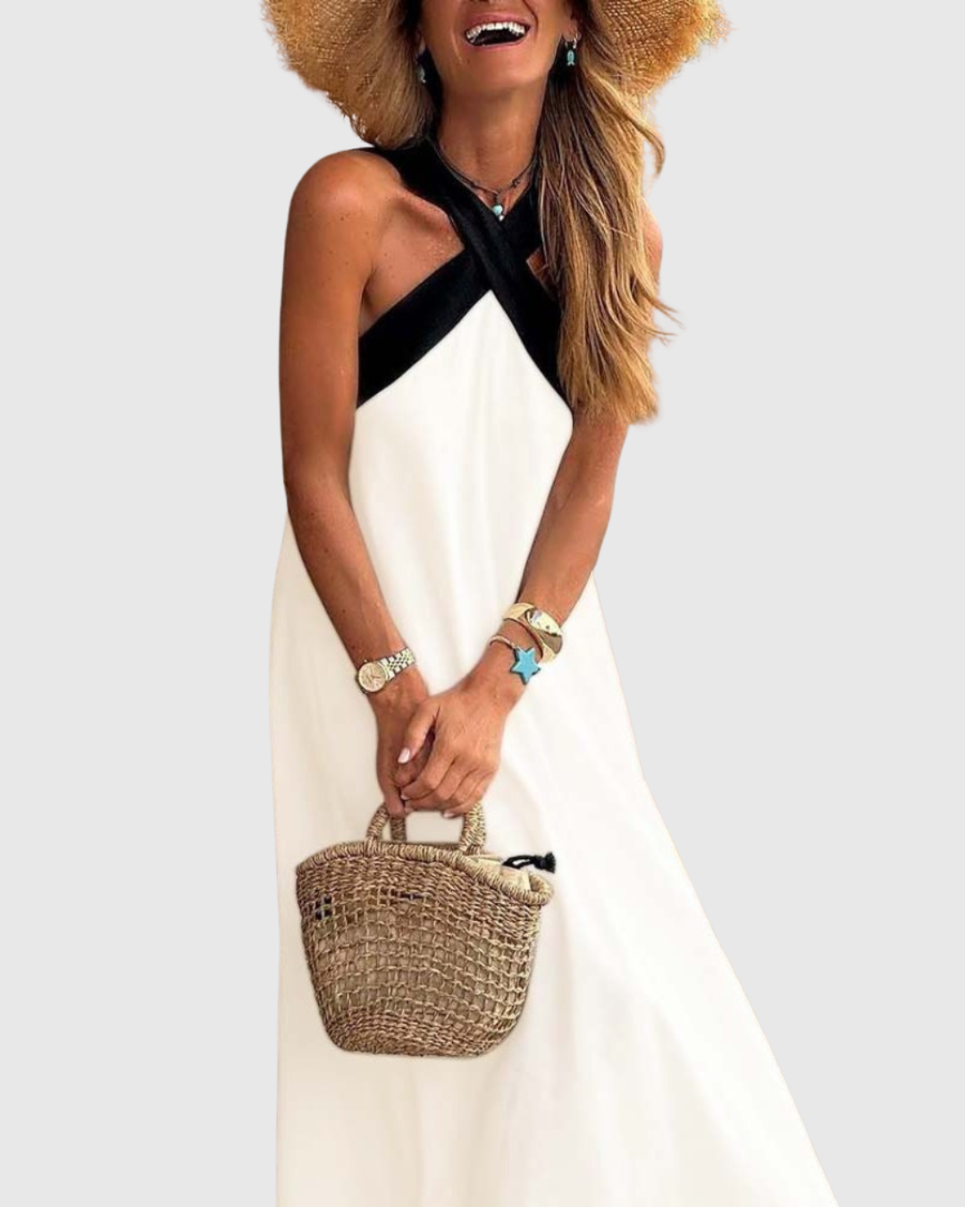 Orella cross-neck dress in white with black halter, front view