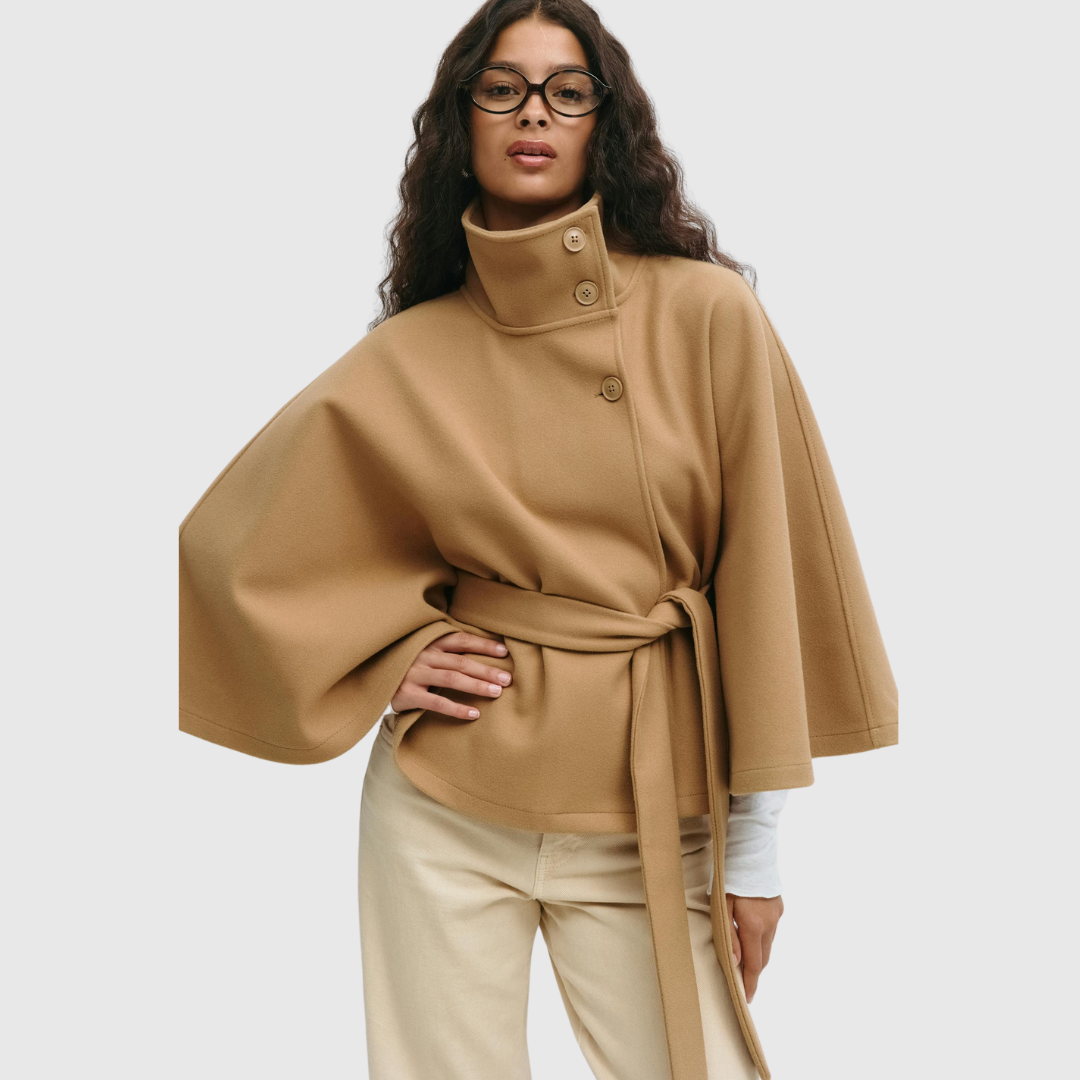 Rhoslyn belted cape jacket in beige, front view with tie belt