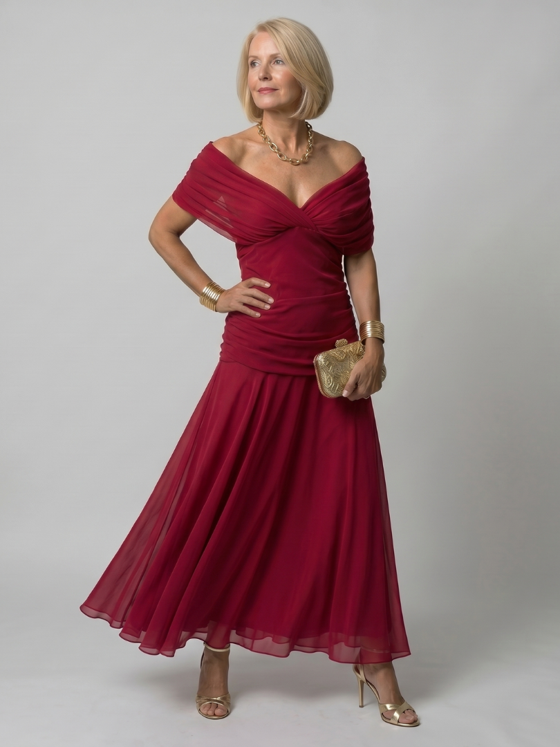 Calen off shoulder midi dress in red, full-length front view