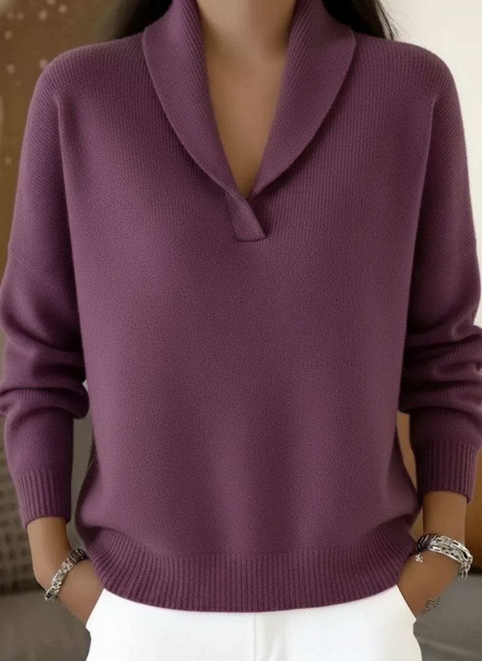 Encarna shawl-collar V-neck jumper in purple, front view
