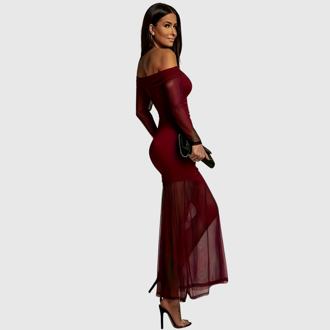 Evangeline off-shoulder evening dress in burgundy, side view with mesh overlay skirt
