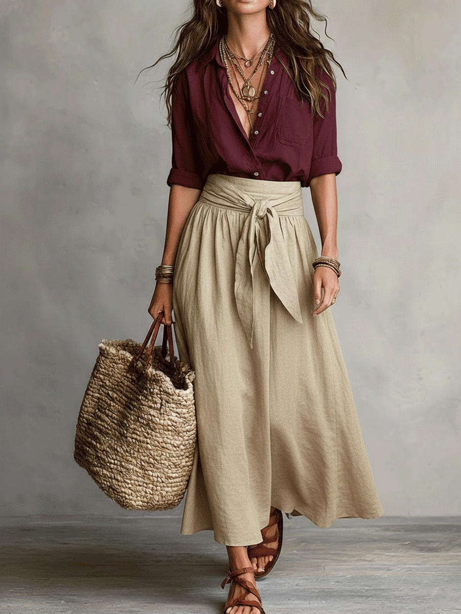 Boho skirt set with burgundy shirt and beige tie-waist skirt, front view