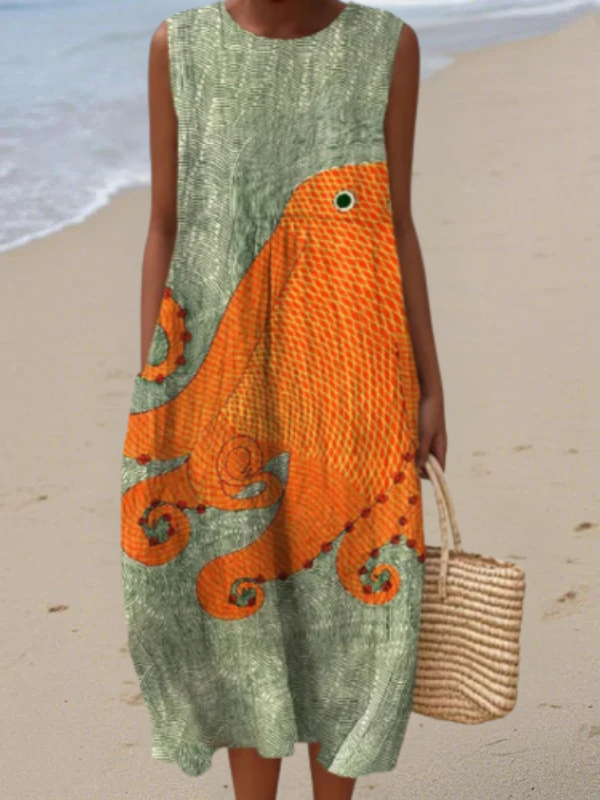 Tess oceanic midi dress in sage green with orange octopus print, full-length front view
