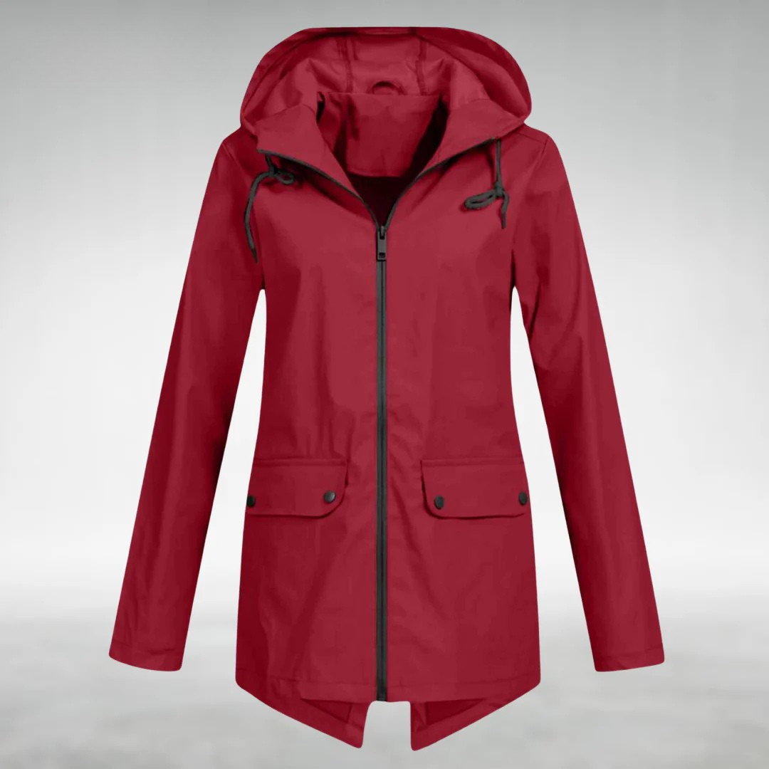 Isolde waterproof hooded jacket in wine red, front view