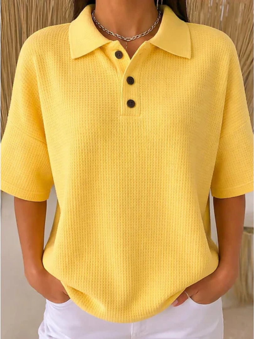 Peggie waffle polo blouse in yellow, front view on model