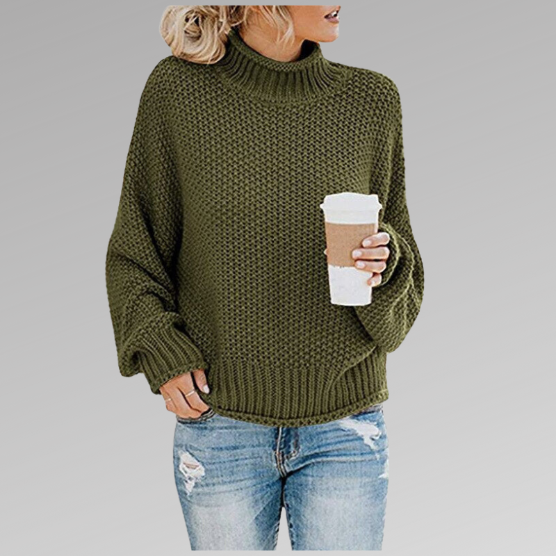Averin chunky roll-neck sweater in green, front view
