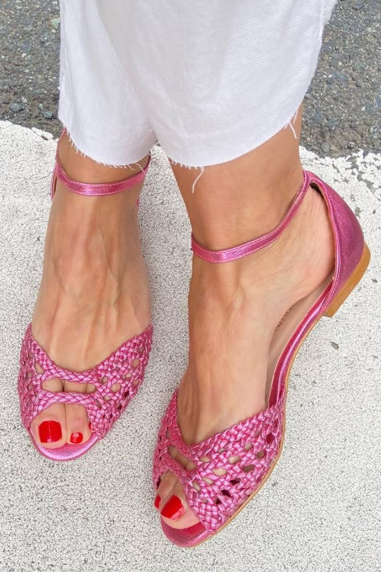 Isadora woven sandals in pink, side view showing braided upper